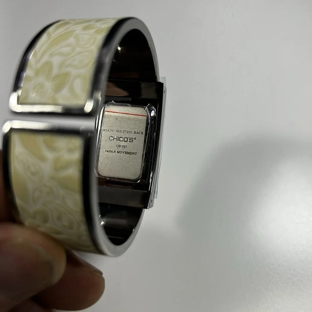 Chico's CH-921 Floral Cuff Watch Cream Silver‎ Tone Japan Movement NEW